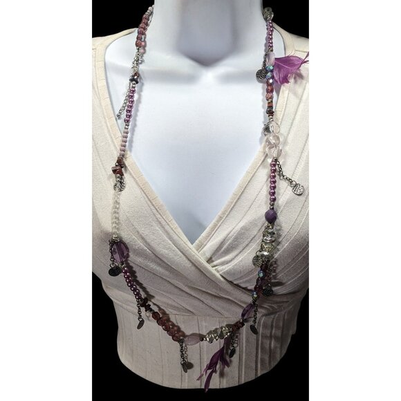Bohemian Purple And Silver Tone Charm And Feather Beaded Necklace - Picture 2 of 10